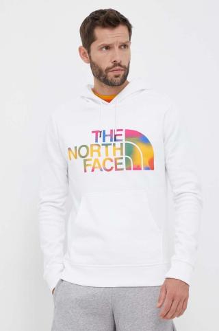 Bavlněná mikina The North Face pánská, bílá barva, s kapucí, s potiskem