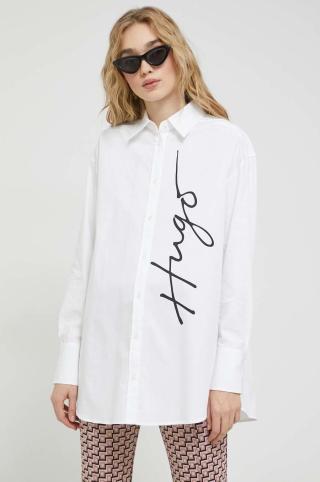 Bavlněné tričko HUGO bílá barva, relaxed, s klasickým límcem