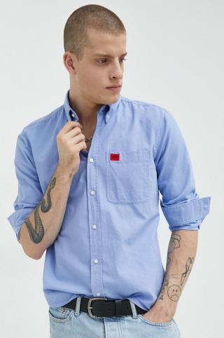 Bavlněné tričko HUGO slim, s límečkem button-down