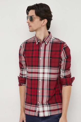 Bavlněné tričko Tommy Hilfiger vínová barva, slim, s límečkem button-down