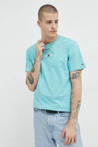 Bavlněné tričko Tommy Jeans tyrkysová barva, s aplikací