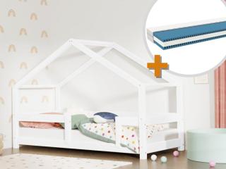 Benlemi Sada: Bílá domečková postel LUCKY 120 x 200 cm s dětskou pěnovou matrací METROPOLIS