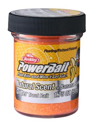 Berkley Těsto PowerBait Natural Scent Banana Glitter Trout Bait 50g Příchuť: Fluo Orange