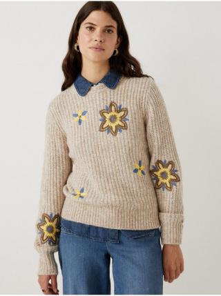 Béžový dámský žebrovaný svetr s výšivkami Marks & Spencer
