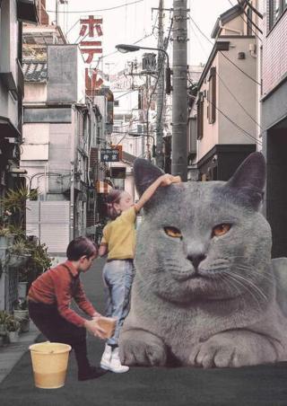 Bodart, Florent - Obrazová reprodukce Children washing a giant Cat in Tokyo Streets,