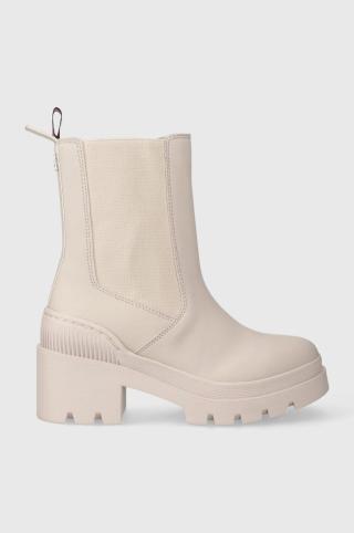 Boty s gumou Tommy Hilfiger RUBBERIZED MID HEEL BOOT dámské, béžová barva, na podpatku, FW0FW07520