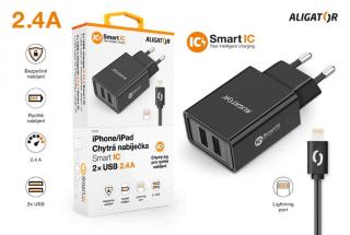 Chytrá síťová nabíječka ALIGATOR 2.4A, 2xUSB, smart IC, kabel pro iPhone/iPad 2A, černá