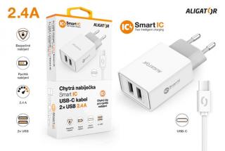 Chytrá síťová nabíječka ALIGATOR 2.4A, 2xUSB, smart IC, USB-C kabel 2A, bílá