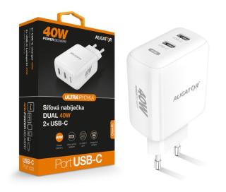 Chytrá síťová nabíječka ALIGATOR Power Delivery 40W, 2xUSB-C, bílá