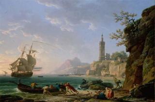 Claude Joseph Vernet - Obrazová reprodukce A Coastal Mediterranean Landscape with a Dutch Merchantman in a Bay,