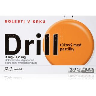 Drill Drill 3mg/0.2mg růžový med pastilky léčba lehčích infekcích sliznice dutiny ústní a hltanu 24 ks