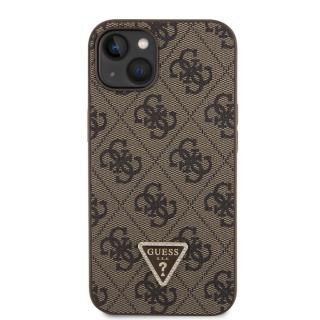 Guess PU 4G Strass Triangle Metal Logo Zadní Kryt pro iPhone 15 Brown