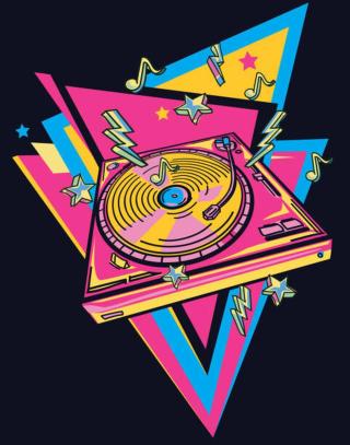 Ilustrace Colorful musical turntable emblem 80s style design, Alex_Bond,