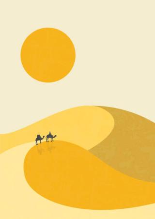Ilustrace Desert landscape, camels on dunes illustration, Natalya Nepran,
