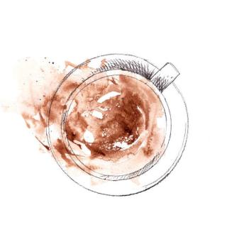 Ilustrace Hand drawn cup of cappuccino, top view. Pencil sketch with watercolor stain, bokasin,