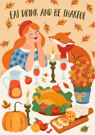 Ilustrace Happy Thanksgiving illustration. Cute lady with fox at festive table. Vector design for card, poster, flyer, web and other, Nadezda_Grapes,