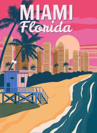 Ilustrace Miami Florida, City Skyline, Retro Poster., VectorUp,