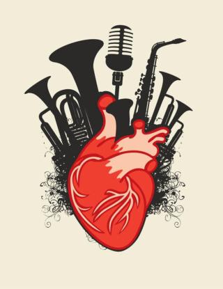 Ilustrace music poster with human heart and wind instruments, paseven,