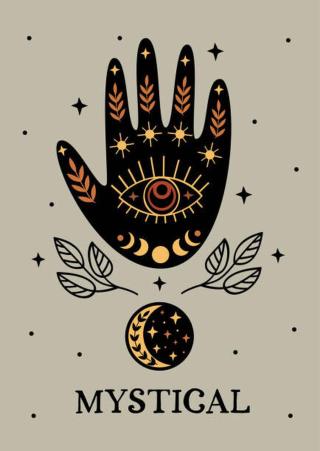 Ilustrace mystical poster with black hand, moon, eye, nataka,