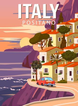 Ilustrace Retro Poster Italy, mediterranean romantic landscape,, VectorUp,