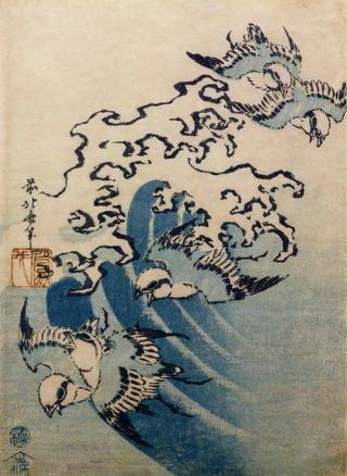 Katsushika Hokusai - Obrazová reprodukce Waves and Birds, c.1825,