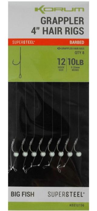 Korum Hotový Návazec Grappler 4” Hair Rigs Barbed 10 cm Nosnost: 10lb, Velikost háčku: #12, Průměr: 0,26mm