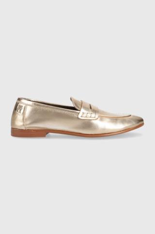 Kožené mokasíny Tommy Hilfiger TH LOAFER GOLDEN dámské, zlatá barva, na plochém podpatku, FW0FW06992