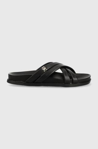 Kožené pantofle Tommy Hilfiger STRAP FEMININE SANDAL dámské, černá barva