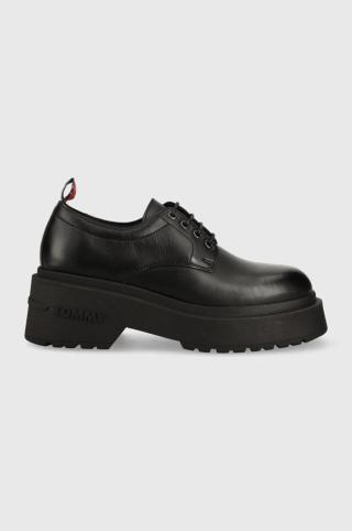 Kožené polobotky Tommy Jeans TJW AVA LACE UP dámské, černá barva, na platformě, EN0EN02219