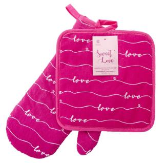 Kuchyňský SET rukavice/chňapka SWEET LOVE růžová 18x30 cm/20X20 cm ESSEX, 100% bavlna