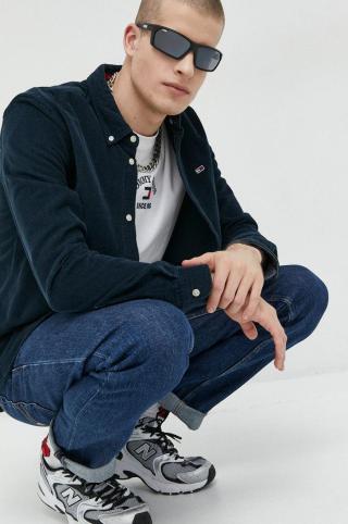 Manšestrová košile Tommy Jeans pánská, tmavomodrá barva, regular, s límečkem button-down