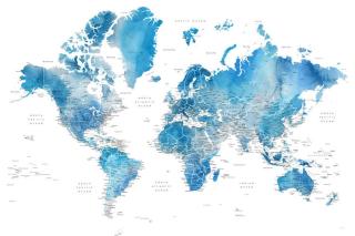 Mapa Blue watercolor world map with cities, Raleigh, Blursbyai,