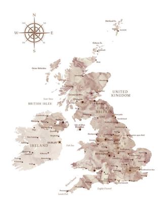 Mapa Brown watercolor map of the British Islands, Blursbyai,