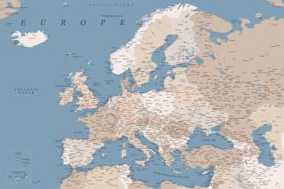 Mapa Detailed map of Europe in blue and taupe, Blursbyai,