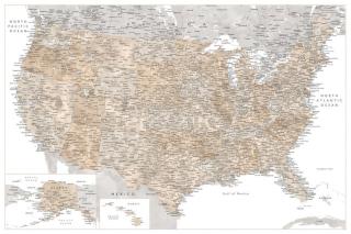 Mapa Highly detailed map of the United States in neutral watercolor, Blursbyai,