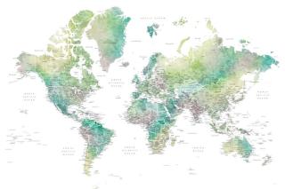 Mapa Watercolor world map with cities in muted green, Oriole, Blursbyai,