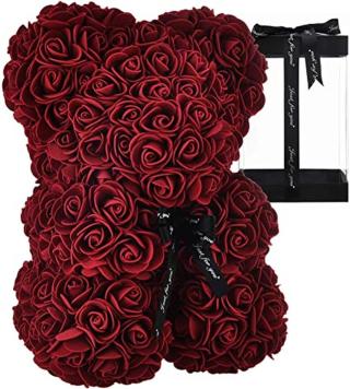 Medvídek z růží vínový 25 cm v dárkové krabici