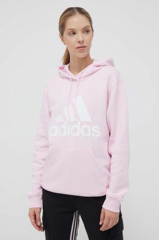 Mikina adidas dámská, růžová barva, s kapucí, s potiskem