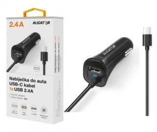 Nabíječka do auta ALIGATOR USB-C s USB výstupem, 2.4A, Turbo charge, Black