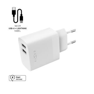 Nabíječka pro mobil Set síťové nabíječky Fixed s 2xUSB výstupem a Usb/lightning kabelu, 1 metr, Mfi, 17W Smart Rapid Charge, bílá