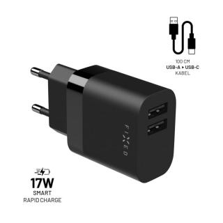 Nabíječka pro mobil Set síťové nabíječky Fixed s 2xUSB výstupem a Usb/usb-c kabelu, 1 metr, 17W Smart Rapid Charge, černá