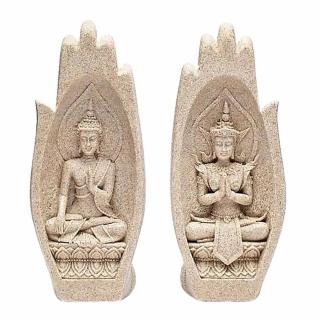 Namaste mudra soška se dvěma Buddhy - béžová - cca 21 cm