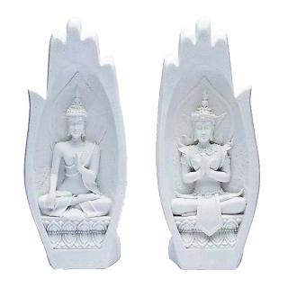 Namaste mudra soška se dvěma Buddhy - bílá - cca 21 cm