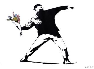 Plakát, Obraz - Banksy street art - graffiti throwing flowers,