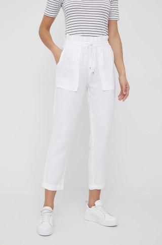 Plátěné kalhoty Lauren Ralph Lauren dámské, bílá barva, široké, high waist