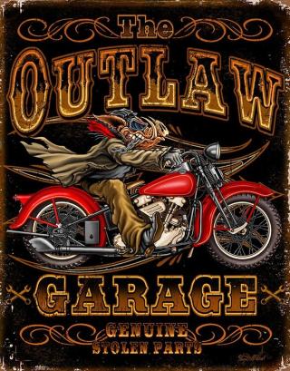 Plechová cedule Outlaw Garage Bikes,