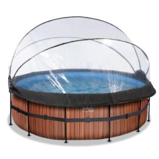 Rámový bazén EXIT ø427x122cm  - dřevěná optika + střešní okno + tepelné čerpadlo