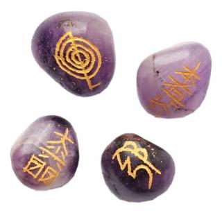 Reiki sada kamenů ametyst se symboly Reiki - 4 x cca 2,2 až 2,8 cm
