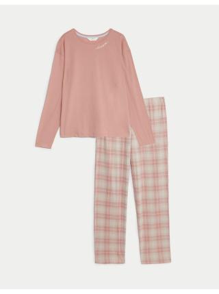 Růžová dámská kostkovaná pyžamová souprava Marks & Spencer