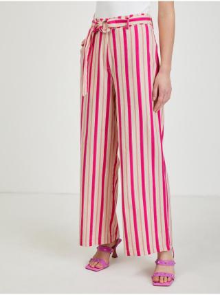 Růžové dámské lněné pruhované kalhoty ORSAY